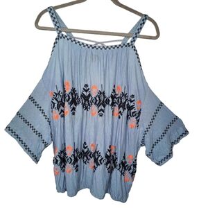 Free People Blue New World Embroidered Cold Shoulder Peasant Top Size M